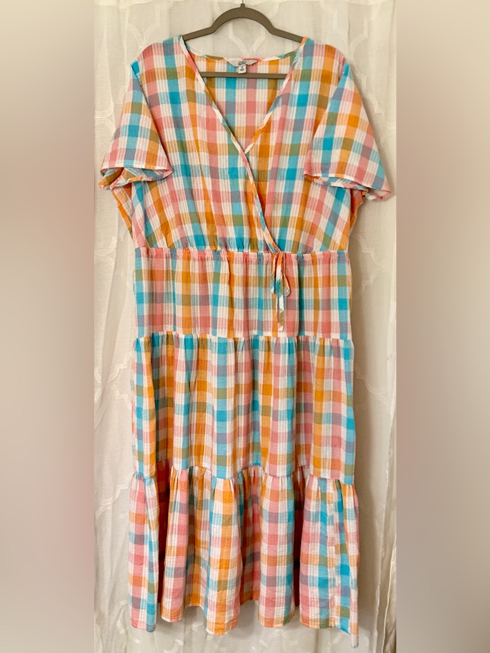 croft & barrow Pastel Plaid Tiered Wrap Midi Dress - Pink, Blue, Yellow | XL